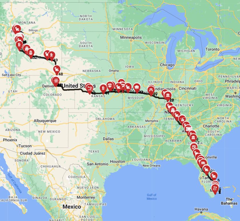 Road trip route planner a Motorhome trip from Miami to Bozeman